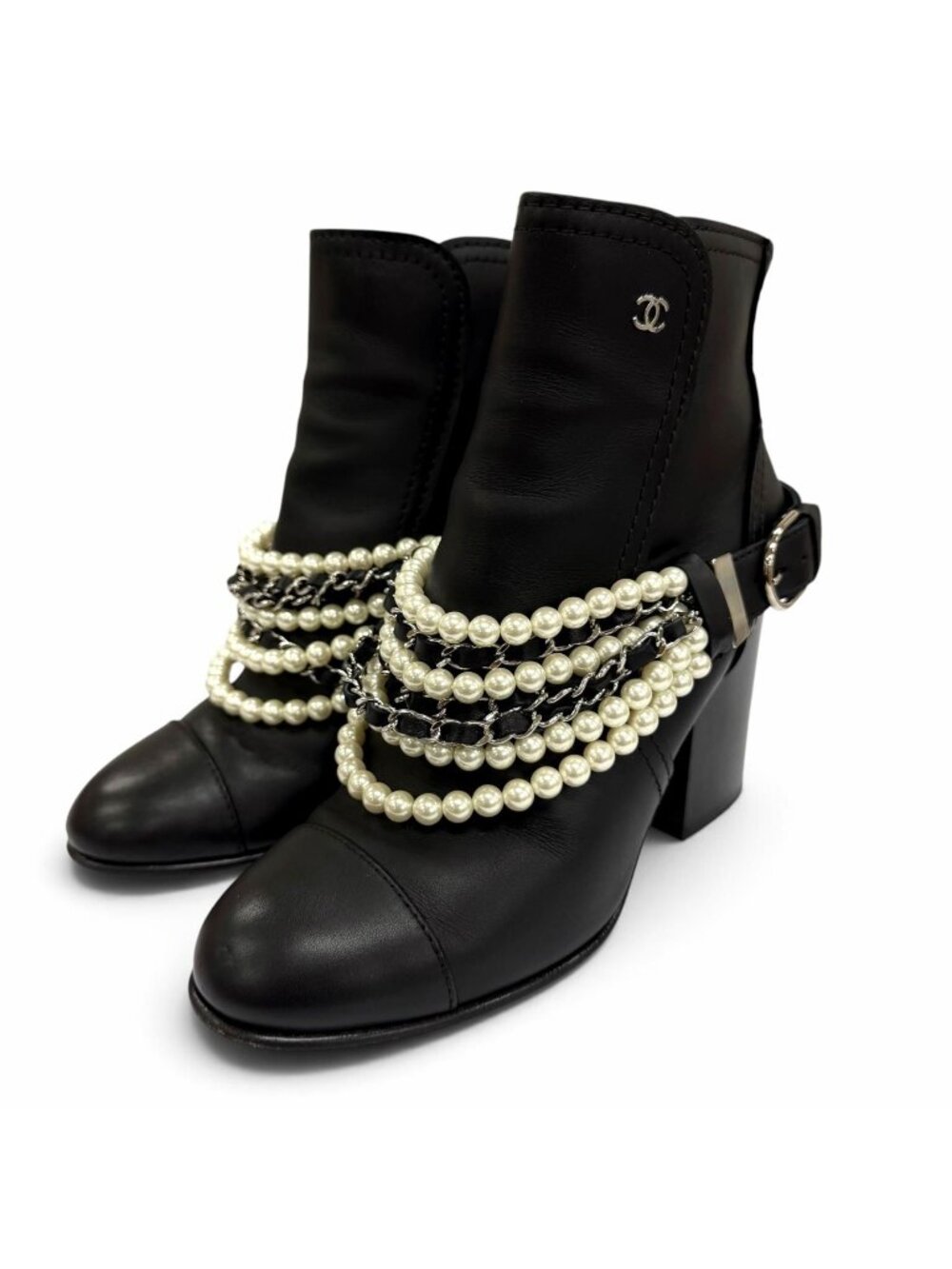 Chanel CC Logo Ecopearl Chain Belt Leather Short Boots Black